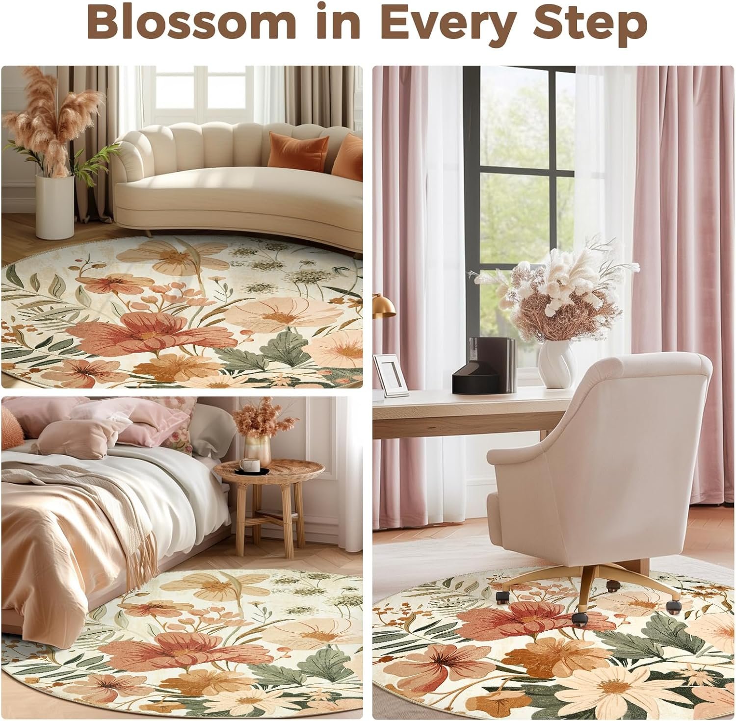Floral Round Rug 6ft Area Rug Indoor Circle 6' Round Washable Modern Oriental Flower Print Non Slip Carpet for Living Room Dining Room Bedroom Office Decor Pink/Grey - Image 2