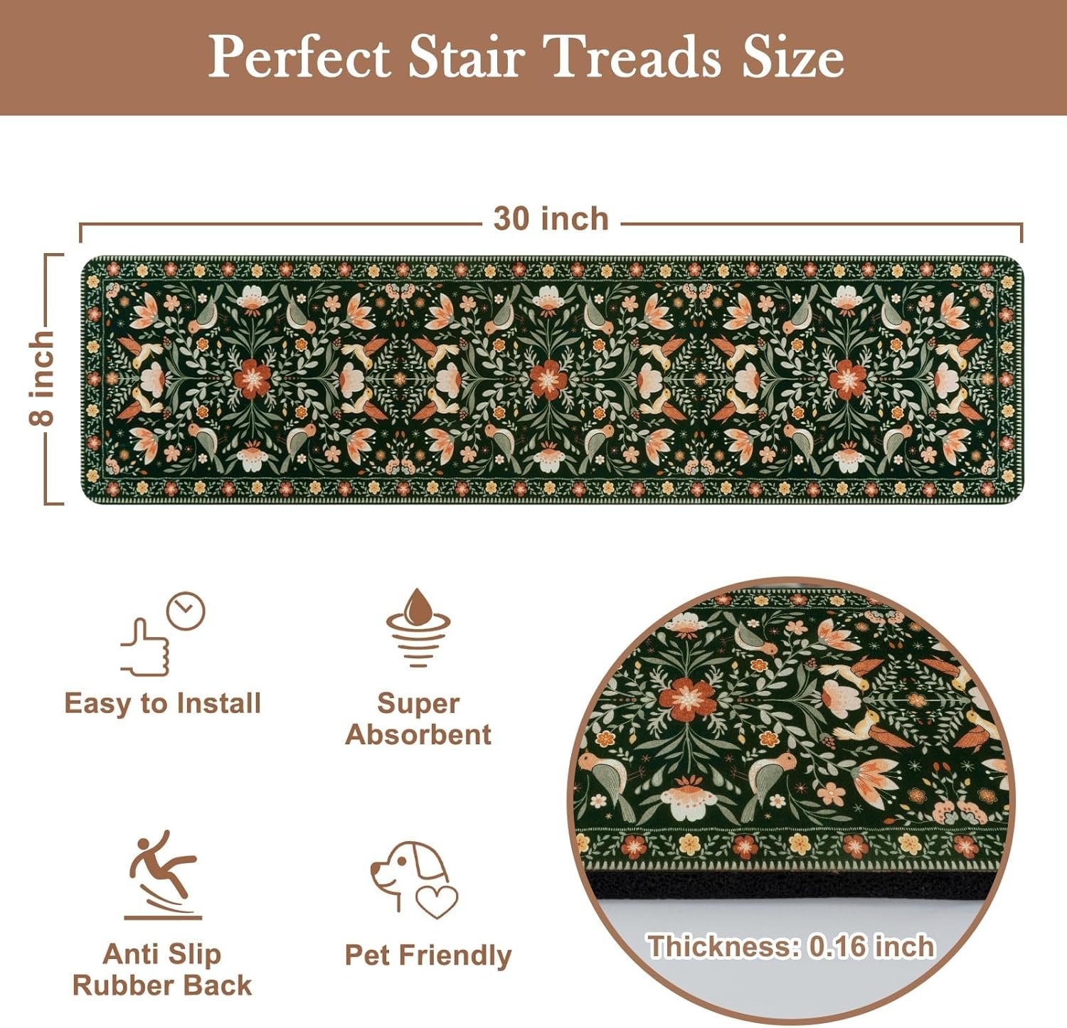Floral Stair Treads Non-Slip Stair Runner for Wooden Steps Indoor 15PCS 30"x8" Carpet Stair Treads Stair Mats Staircase Step Treads for Kids, Elders and Dogs, Stair Covers, Black - Image 2