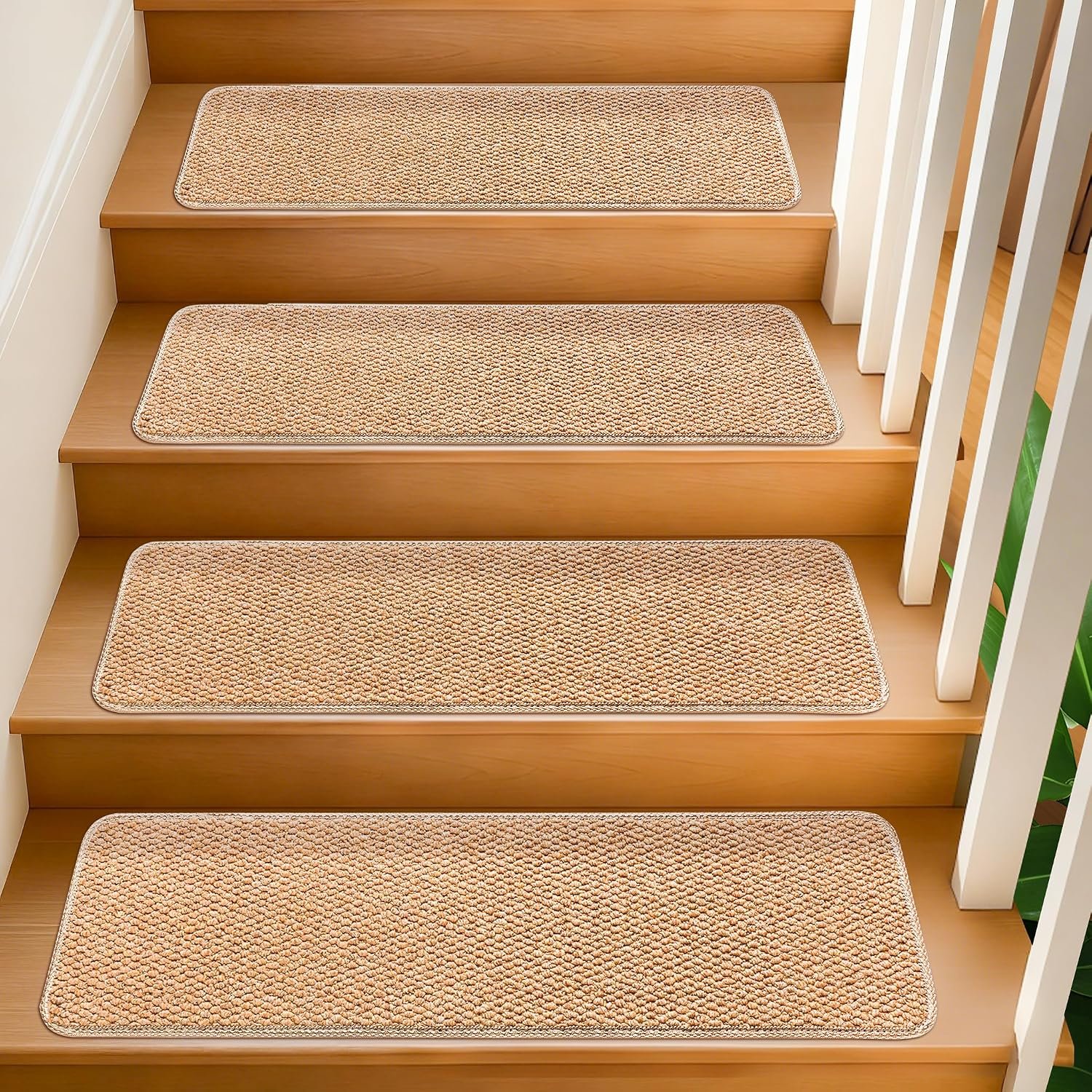 Stair Treads for Wooden Steps Indoor 9x30 Inch, 15 Pcs Non Slip Peel and Stick Carpet Stair Treads Self Adhesive, Washable & Reusable Stair Runner Rugs for Kids Elders and Pets - Beige