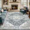 8x10 Vintage Washable Area Rug for Living Room,Low Pile Non Slip Carpet Non-Shedding Large Area Rug Soft Indoor Stain Resistant Rug Boho Print Mat for Bedroom Dining Room Blue Beige Multi