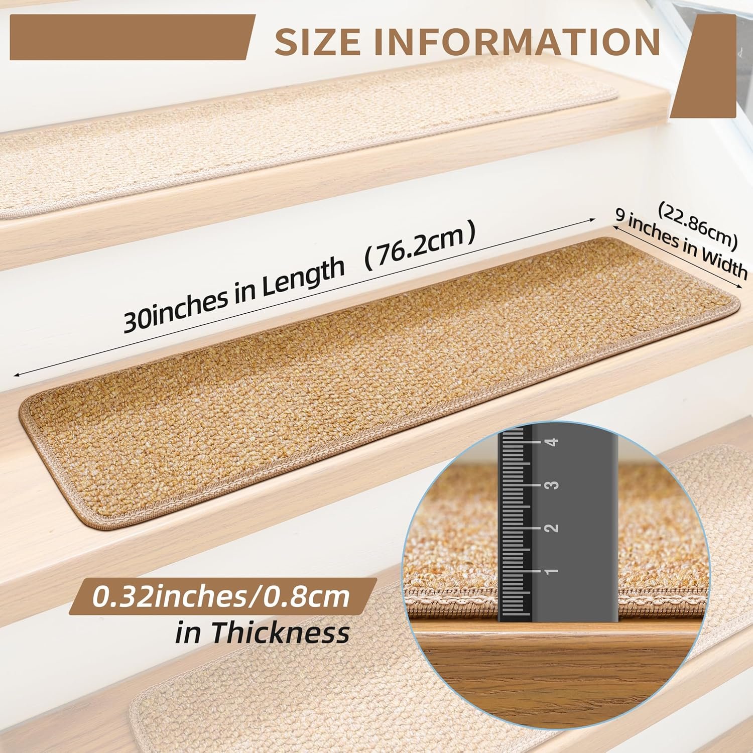 Stair Treads for Wooden Steps Indoor 9x30 Inch, 15 Pcs Non Slip Peel and Stick Carpet Stair Treads Self Adhesive, Washable & Reusable Stair Runner Rugs for Kids Elders and Pets - Beige - Image 2